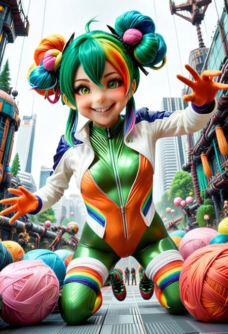 masterpiece, absurdres, best quality, amazing quality, ultra-detailed, newest, extremely detailed, very aesthetic, 
anime style, anime, 
ultra sharp, 
steampunk, yrnwrld, 
BREAK,
1girl, solo, 
anime face, kawii face, beautiful face, 
detailed hair, perfect body, 
green hair, multicolored hair, rainbow twintails, double bun, colorful bodysuit, colorful threads, colorful latex suit, white jacket, colorful jacket, 
cybernetic enhancements, 
extremely detailed outfit, evil smile, kicking, jumping in air, action pose, dynamic angle, from side, 
in cyber world, central core, cyberpunk forest,