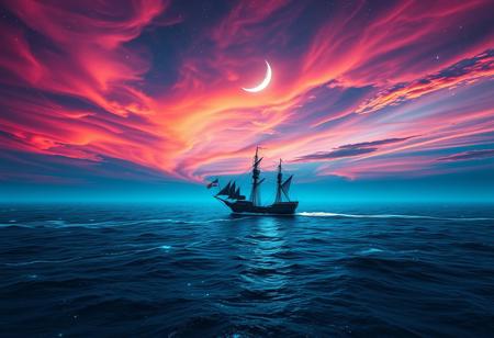 A breathtaking cinematic shot of a celestial seascape, where a lone ship glides across the deep blue ocean. The ancient vessel stands out against the backdrop of a mesmerizing sky, painted with vibrant hues of fiery orange and pink that seamlessly blend with the inky blackness of night. A crescent moon casts a soft glow, illuminating the bioluminescent shimmer of the water. The vast ocean and celestial sky evoke a sense of tranquility, wonder, and awe. The solitary ship adds an air of mystery and adventure, inviting the viewer to embark on a fantastical journey. This conceptual art piece masterfully blends natural beauty with artistic imagination, capturing the magic of the night sky and the allure of the open sea.