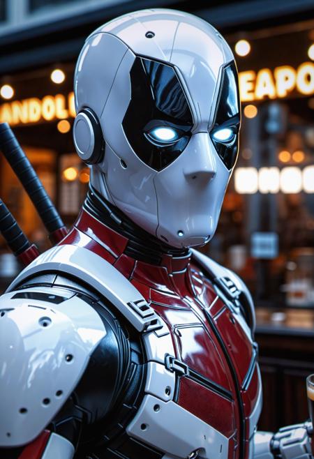 cybernetic robot (best quality, masterpiece, highest detailed), white deadpool suite, ultra-detailed, (official art, extreme detailed, highest details), photorealistic, intricate translucent energy details, bokeh, detailed face, detailed eyes, HDR+ 8K, aerial view,seen from behind,cafe . android, AI, machine, metal, wires, tech, futuristic, highly detailed