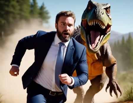 <lora:XL_sargon_v1:1>, 1boy, male focus, solo, facial hair, realistic, beard, suit,  upper body, running away from dinosaur, 4k, 8k