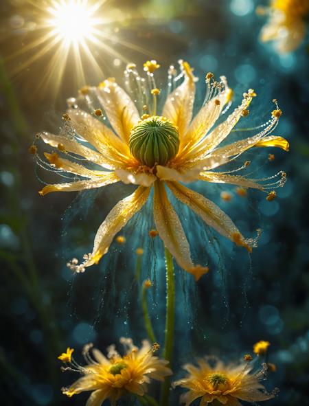 epiCPhoto,
Alien flora, a large, glowing flower with spiral petals, emitting a soft, pulsating light, surrounded by floating pollen particles, high definition, depth of field capturing the surreal environment, subtle sun rays filtering through