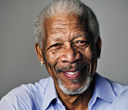 portrait of morgan freeman in a grey pinstripe suit, old black man, moles, freckles, white hair, white beard, gold earrings, smiling, indoors, studio lighting