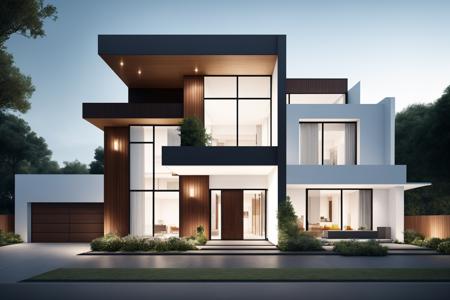 Modern villa design, building exterior, bright,(masterpiece, top quality, best quality, official art, beautiful and aesthetic:1.2), extreme detailed,highest detailed