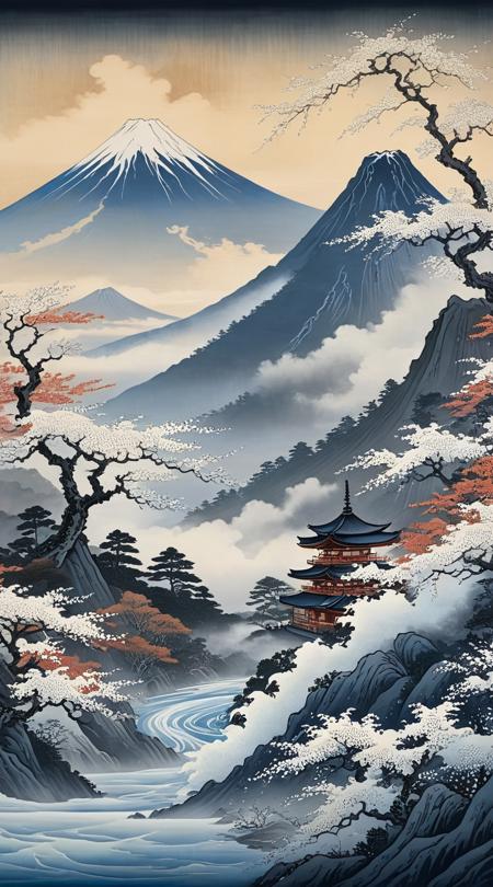 Embracing the Japanese Ukiyo-e technique, a dream-like creature with flowing robes and ornate patterns, riding mist among Mount Fuji scenics, as if Hokusai himself witnessed a phantom.