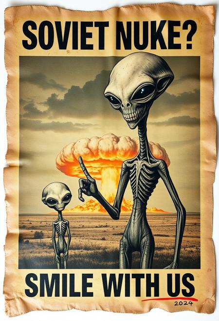 “A decayed, vintage-style poster from 2024, weathered and torn, depicting a surreal and apocalyptic scene. The faded image shows a pair of aliens—one an imposing, tall figure (the father), and the other a smaller, childlike alien (the son). The father holds the son’s hand with one hand, while making an exaggerated ‘OK’ sign with his other hand, both with unsettling, alien features. The father’s wide, mad smile radiates an eerie, otherworldly charm. In the far background, a massive nuclear mushroom cloud dominates the sky, with fiery orange fireballs at its base and visible blast waves rippling through the landscape. The poster’s bold text, ‘SOVIET NUKE?’ across the upper section and ‘SMILE WITH US’ in the lower section, is faded, smeared, and inked with scribbles and stains. The paper appears rotten, with tears, creases, and discolored edges, adding to the haunting, apocalyptic atmosphere of the piece.”