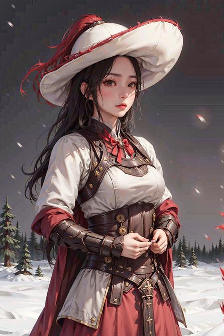 1girl wearing fanyang felt hat, big breasts, ((red cloak, holding sword)), long hair, armor, masterpiece, best quality, photorealistic, snowing, moon light,  front view, <lora:fanyang_felt_hat_v2:0.6>