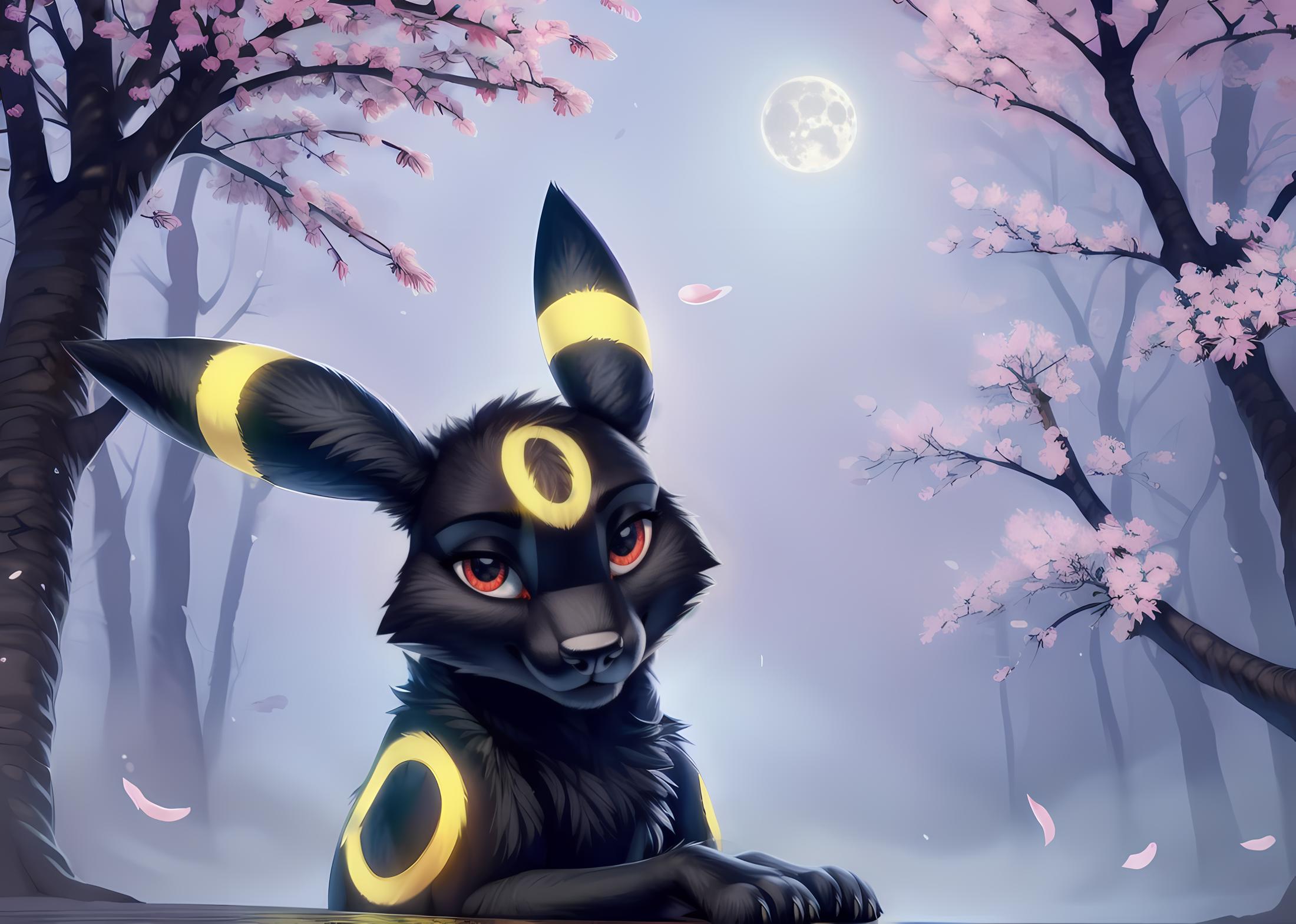 ((solo)) (feral, umbreon), female, paws, looking at viewer, cherry blossom, night, fog, flower, full moon,, [best quality,...