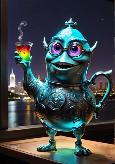 A whimsical character|Mike Wazowski made out of colorful bioluminescent Glass, with large eyes, glow,inverted neon rainbow,night city <lora:AtayV2:0.8> atai, teapot, and, ornate, glasses