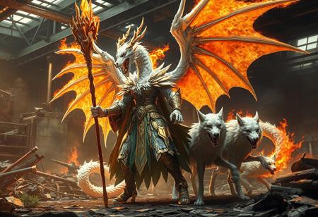 "Create a high-res, 4K concept art of a white and gold omegamon, also known as the Master of Flaming Dragonswords, in the midst of a dynamic transformation. The setting is a junk factory. The character, a male paladin, is part-way through metamorphosis, with dragon wings sprouting from his back. He wields a dragon staff. Accompanying him are winged wolves. The piece should feature vibrant colors, sharp lines, and intricate details. Use Octane Render or Unreal Engine 5 for a polished, cinematic look. Draw inspiration from Raphael, Caravaggio, and Beksinski for a masterful, award-winning composition."