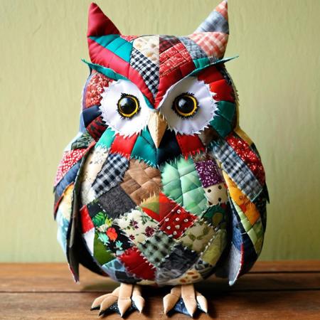 ptchkrawk, score_9, score_8_up, score_7_up, score_6_up, score_5_up, score_4_up score_9,score_8_up, a realistic owl made of patchwork fabric with patchwork fabric feathers on a forest background made of patchwork fabric, wearing a cat cap
