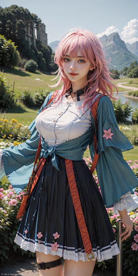 <lora:March_7th_V2.0:0.9>, March_7th(Honkai_StarRail),1girl, smile, neck ribbon, pink hair, medium hair, blue jacket, white shirt, huge breasts, thighs, thigh strap, skirt, upper body, standing,((open arms)), (cowboy shot),(masterpiece, high quality, best quality), (colorful),(delicate eyes and face), volumatic light, ray tracing, extremely detailed CG unity 8k wallpaper,solo, ((flying petal)), outdoors, Breathtaking Landscape, Scenic Vistas, Tranquil Waters, Majestic Mountains, Verdant Valleys, Golden Sunset, Rolling Hills, Azure Sky, Serene Meadows, Picturesque Panorama,