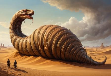 a gigantic sand worm in the desert, medieval, oil painting style