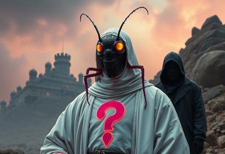 Create a high-definition, photorealistic artwork of a Cockroach Knight with a question mark on its chest, inspired by the styles of Kazuo Umezu and Frank Frazetta. The knight should be wearing a white robe with dayglo pink accents and be set against a backdrop that incorporates elements of Iram of the Pillars and Jorogumo. Include a mysterious, featureless stranger in the scene, with a creepy, gothic-inspired aesthetic. The artwork should adhere to the golden ratio and have a psychedelic, overcast tint. Ensure that the piece is highly detailed, with a focus on micro details and lifelike textures. The color palette should be vibrant and cinematic, with a mix of realistic and fantastical elements. The final piece should be reminiscent of the works of Dorothea Tanning, Magali Villeneuve, and Artgerm, with a strong emphasis on anthropology and wonder.
