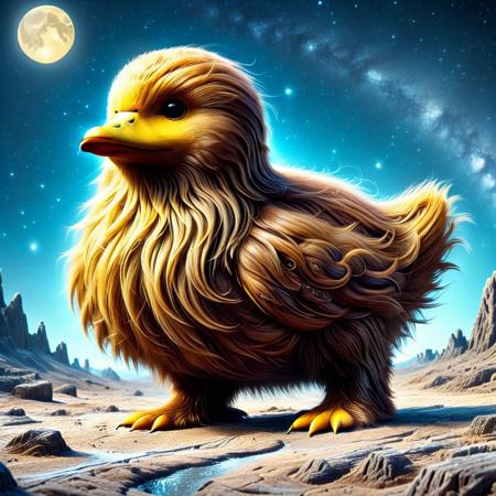 A colorblind bright yellow duck over in Wookiee Hair, standing near a bear in the moon surface, 
score_9, score_8_up, score_8_up, masterpiece,super detailed face, super high resolution, FaceDetail, masterpiece-level, highly detailed, intricate details, detailed background, complex background, cinematic, intricately detailed illustration, depth of field, masterpiece, best quality, amazing quality, very aesthetic, absurdres, newest, very awa, shadow, dynamic angle,