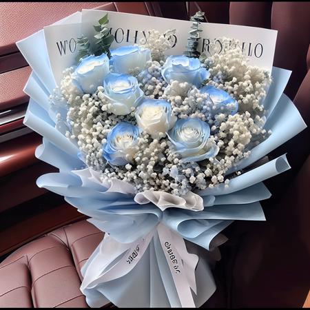 bouquet,blue rose,hydrangea,white babysbreath,eucalyptus,white packing ,eucalyptus,solo, <lora:BouquetLatin_V13:1>