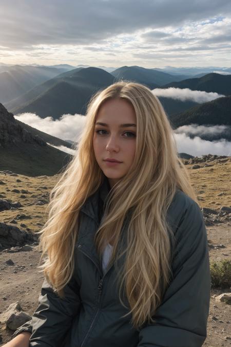 (8K, Breathtaking Selfie of a Beautiful Girl), look at camera, many details, foggy valley Background, sits high on the mountain, blonde hair, long hair, hair blowing in wind, crazy sky, rays of sunshine break through the clouds,   <lora:zoom_slider_v1:-0.2>, <lora:colorify:0.5>,