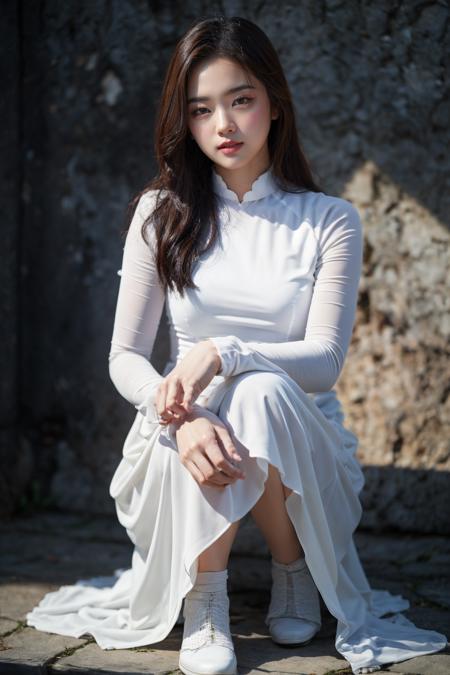 1girl, aodai white, photo art, (flower), <lora:aodai_SDLife_Chiasedamme_v3.0:0.62>, a stunning photo with beautiful saturation, ultra high res,(realistic:1.4)),deep shadow,(best quality, masterpiece), pale skin, dimly lit, shade, flustered, blush, highly detailed, skinny, BREAK depth of field, film grain, wrinkled skin, looking at viewer, knee, warm smile, (upper body), masterpiece,ultra realistic,32k,extremely detailed CG unity 8k wallpaper, best quality, (full body:1.4)