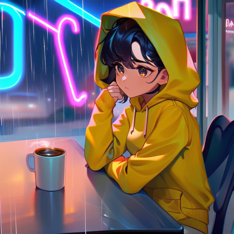 score_9, a cute girl in a yellow hoodie inside a coffee shop, rain in the background, (coffee shop interior :1.1), sitting...