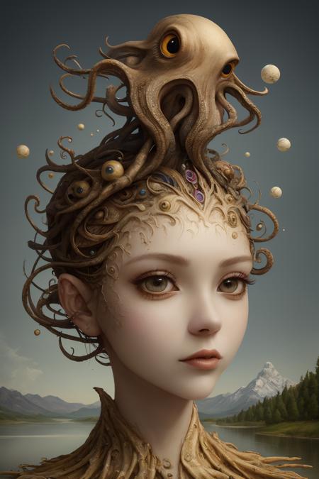 (masterpiece, hi resolution, hd wallpaper, extra resolution, best quality, intricate details:1.3), a head flying in the sky and turning into octopus with squids instead of hair, pretty face, big eyes with elegant eyelashes, surrealistic landscape with a grassy area and a lake on the foreground and trees and mountain on the background, abstract shapes and dead black tree growing on the head while head flying in the sky, liquid flash, balls, artwork by AIDA_NH_humans, surrealistic portrait in style of AIDA_NH_humans <lora:AIDA_NH_humans:0.53>