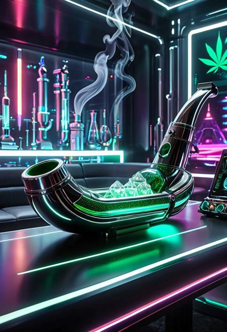 futuristic smoking pipe made of polished chrome and glowing crystal, integrated holographic interface, steam vents with neon-lit accents, cyberpunk design aesthetics, resting on a sleek tech table in a high-end sci-fi lounge, atmospheric lighting, close-up product shot, ultra-detailed, 420 Futurism style, concept art
, 420futurism