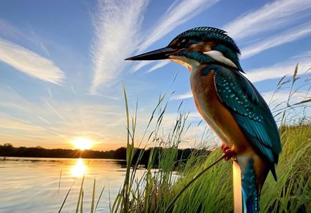 close-up kingfisher, side profile, morning glow background, lake water grass, morning sky with cirrus clouds