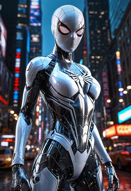 cybernetic robot (best quality, masterpiece, highest detailed), a beautiful woman, medium breasts, white spider-man suite, ultra-detailed, (official art, extreme detailed, highest details), photorealistic, intricate translucent energy details, bokeh, detailed face, detailed eyes, HDR+ 8K, aerial view,full body shot . android, AI, machine, metal, wires, tech, futuristic, highly detailed