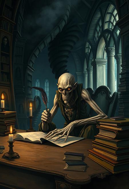 A gaunt, hollow-eyed scholar sits hunched over a massive, ancient desk, surrounded by towering stacks of decayed books. His fingers, elongated and bony, grasp a quill that drips with black ink, inscribing cryptic symbols onto parchment. The dim candlelight casts warped shadows across the walls, where ghostly faces seem to whisper secrets from the darkness. His expression is one of feverish dedication, his eyes sunken yet burning with obsession. In the background, twisted architectural forms loom—bookshelves that spiral infinitely, arches that dissolve into smoke. The atmosphere is thick with dust, the air heavy with the scent of aged paper and ink.