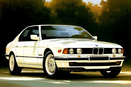 (4 doors), (sedan),(white),  realistic photo of a  car, by Jeremy Lipking, by William Bouguereau, (by Alphonse Mucha:0.5), sabudenego, jeremy lipking, masterpiece,  ((1CAR)) <lora:BMW7E32:0.8> BMW7E32