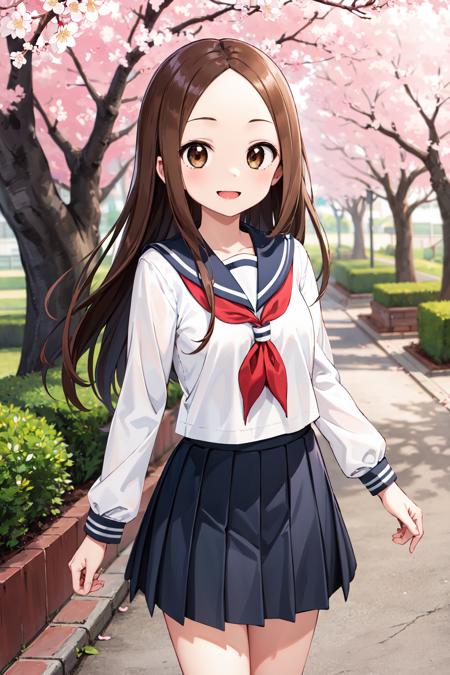 masterpiece, best quality, highres, 1girl, aatakagi, long hair, sailor collar, red neckerchief, sailor shirt, white shirt, long sleeves, pleated skirt, blue skirt, <lora:takagi-san_v1:0.7>, outdoors, standing, cowboy shot, smile, cherry blossoms,