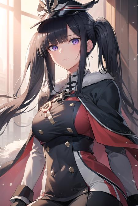 peterstrasser, <lyco:peterstrasser-lyco-nochekaiser:1>,
peter strasser, black hair, hair over one eye, long hair, one eye covered, (purple eyes:1.1), twintails,
BREAK armored boots, black coat, black footwear, black ribbon, boots, buttons, cape, coat, fur trim, fur-trimmed cape, gloves, hat, high heels, military hat, peaked cap, red cape, ribbon, stiletto heels, white gloves, white headwear,,
BREAK looking at viewer,
BREAK indoors,
BREAK <lyco:GoodHands-beta2:1>, (masterpiece:1.2), best quality, high resolution, unity 8k wallpaper, (illustration:0.8), (beautiful detailed eyes:1.6), extremely detailed face, perfect lighting, extremely detailed CG, (perfect hands, perfect anatomy),