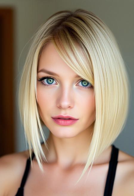 woman, blonde bobcut hair, parted half hair, green and blue eyes, eyeliner