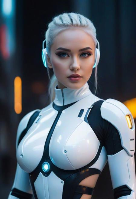 In a neon-lit city, a woman in a futuristic suit poses as a captivating cyborg girl, seamlessly blending elegance and technology. Her dark fantasy allure and cute, dreamy presence embody the evolution of cyberpunk aesthetics, transcending conventional beauty as a symbol of the 2.0 era. This flawless, beautiful white cyborg girl is not just a model but an iconic fusion of human grace and machine precision, leaving an indelible mark on the canvas of futuristic allure.