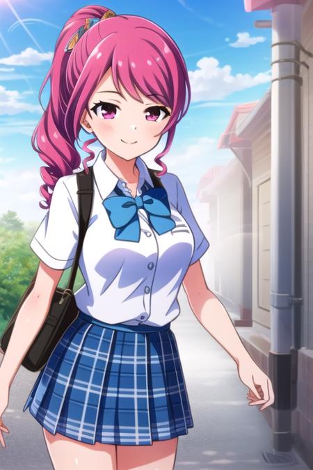 masterpiece, best quality, 1girl, solo, ameyaerika, pink hair, long hair, drill hair, side ponytail, hair bow, pink eyes, breasts, white shirt, short sleeves, blue bowtie, blue skirt, pleated skirt, plaid skirt, school uniform, smile.