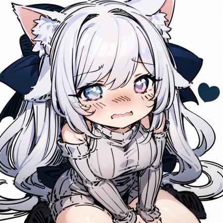 chibi, 1girl, (sketch:1.2), solo, white hair, hair ornament, cat ears, sweater, wavy mouth, white background <lora:Sesield:1>