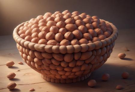 Sharp background,best quality,extremely_detailed,,up_8,up_9,8k,master_class,masterpiece,real good,totally awesome.vibrant colors,realism,perfect beautiful early morning light). Nuts in a bowl on a table.