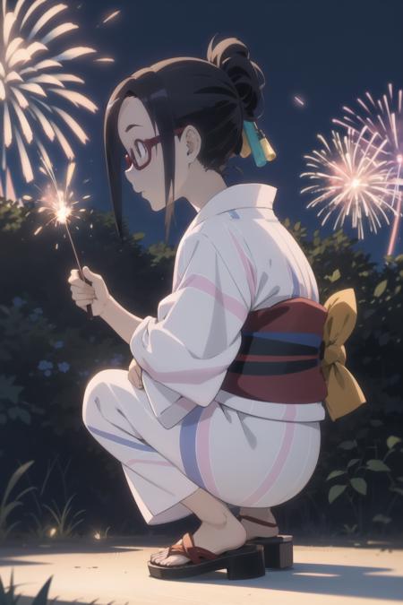 <lora:sato-000006:1> sato,
glasses, red-framed eyewear, under-rim eyewear,
yukata,
1girl, solo, squatting, sandals, holding fireworks, night