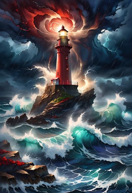 Red theme, alcohol ink of majestic luminous lighthouse perched on rocky cliff, night, rain, powerful beam of dramatic spotlight, stormy night, tumultuous ocean background, focus colours navy and brown, subtle colours, swirling waves crash against the lighthouse base, dark clouds, transparent waves, brooding sea in darkness. heavy rain, rough sea, hyperdetailed, dramatic,