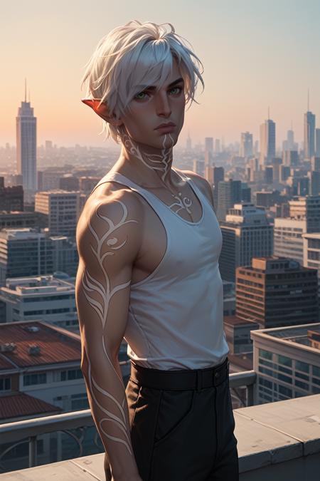 DA2Fenris, 1boy, white hair, green eyes, white tattoo, pointy ears