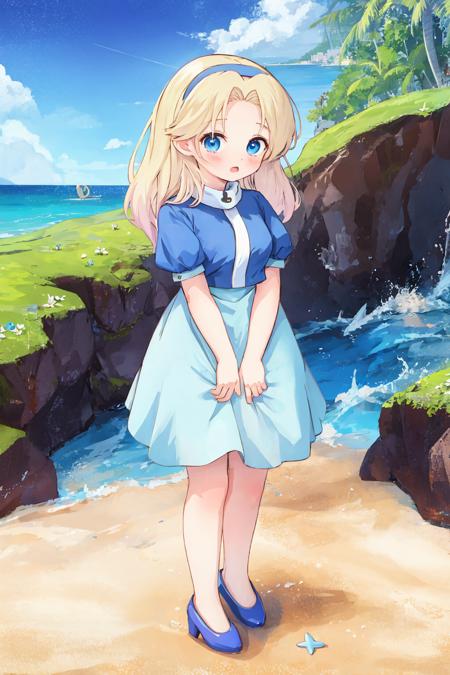 mariarobotnik, long hair, blonde hair, blue hair, hairband, blue dress, puffy sleeves, embarrassed, looking at viewer, beach <lora:maria_robotnik-v2:1>