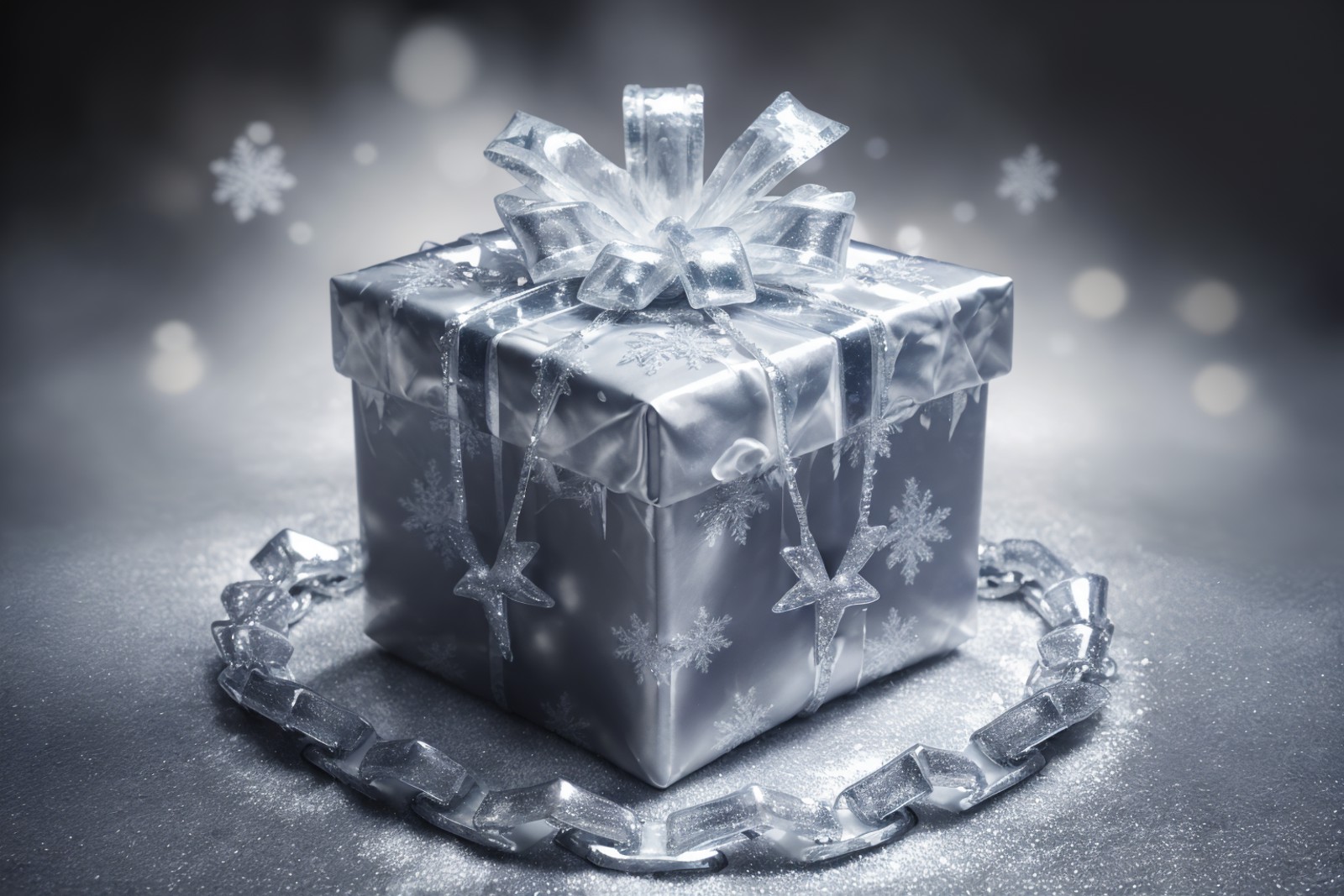 <lora:Xmas3:0.7> Xmas ice covered chain wrapped christmas gift on a filigree background