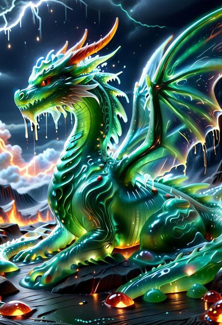 enormous dragon formed entirely of molten slime, its wings flowing like liquid ribbons in the wind, translucent emerald and sapphire tones shifting across its gelatinous body, deep glowing eyes pulsating with an inner light, background: stormy skies filled with floating slime droplets, occasional lightning strikes illuminating its glistening form, surreal atmospheric effects, cinematic lighting, hyper-detailed goo textures
