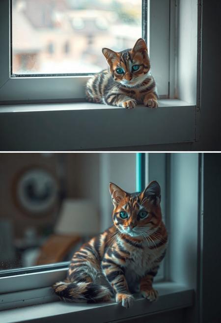JNANX,luminous white silhouette,cyan glow,emerald highlights,flickering outline,dreamlike movement,
"Generate a photorealistic image depicting two distinct stages of a tabby cat's life, shown in a diptych format. The top panel should feature a very young tabby kitten, small in size, with characteristic brown and black stripes. The kitten is lying comfortably on a white windowsill, its head turned slightly towards the viewer with an expression of curiosity or mild interest. The background visible through the window should be slightly blurred, suggesting an outdoor urban or suburban scene with muted colors of buildings and hints of greenery. The lighting in the top panel should be soft and natural, illuminating the kitten gently.
The bottom panel should portray the same tabby cat, now significantly older and larger, in a similar pose on the same white windowsill. The background visible through the window in the bottom panel should match the top, maintaining continuity. The lighting should also be consistent, suggesting the passage of time but the same environment. The overall mood should evoke a sense of growth and the familiar comfort of a favorite resting spot. Ensure the texture of the cat's fur is detailed and realistic in both panels, highlighting the difference between the soft, downy fur of the kitten and the sleeker coat of the adult cat."