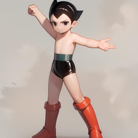 ((masterpiece, best quality)),(complex light),solo,solo focus,1boy,astro boy, short hair, black hair, black eyes,<lora:AstroBoy15-10:0.8>,red boots, simple background, raised fist,android,