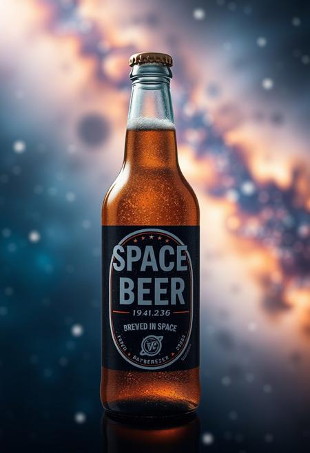 Bottle of Space Beer "Brewed in space", cosmic background
