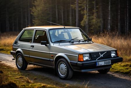 masterpiece, best quality, Detailed background, dramatic lighting, (a High-performance Swedish 1984 Hatchback:1.3), ((from the side)), sharp focus, cinematic shot, symmetrical, beautiful nature background, professional photograph
