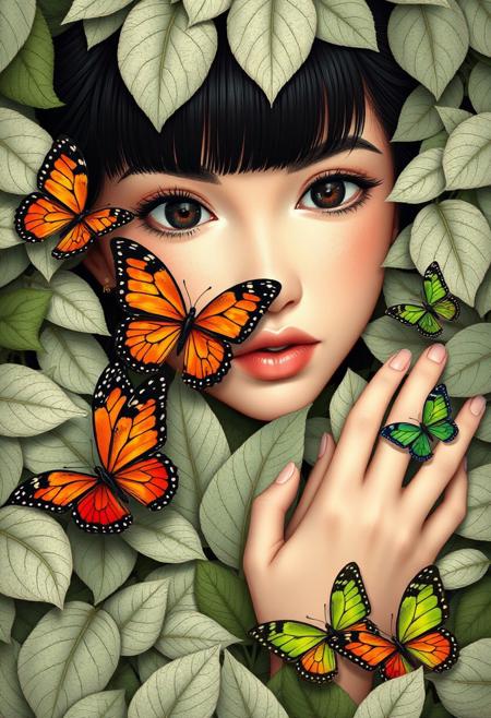 This detailed digital illustration portrays a closeup of a woman with fair skin and sleek, black hair styled with blunt bangs, exuding an ethereal charm. Her large, almond-shaped eyes carry a soft, dreamy expression, while her slightly parted lips suggest quiet wonder. She is enveloped by a dense background of intricately detailed white leaves, with varying shades of green and subtle brown accents, creating a lush, organic texture that fills the frame. Surrounding her are vibrant butterflies, each uniquely detailed and bursting with color. A striking orange-and-yellow butterfly with bold black and white markings flutters near her, while another in vivid red and black adds depth. A third butterfly, blending hues of green and blue, completes the whimsical tableau. The woman's delicate hands emerge gracefully from the foliage, fingers slightly spread as if reaching to gently touch the butterflies, creating an intimate connection between her and the natural elements. Her fair skin blends seamlessly with the leafy surroundings, enhancing the dreamlike quality of the scene. The composition combines realism and fantasy, showcasing meticulous detail, vibrant colors, and a harmonious interplay of nature and human form, resulting in a visually captivating and enchanting artwork.
