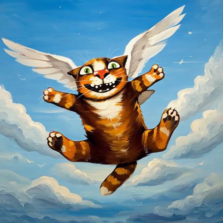 oil painting art, 
Sad old cat flying through the sky with his arms wide open and smiling
<lora:LojkinXL:0.75>  <lora:add-detail-xl:0.6>