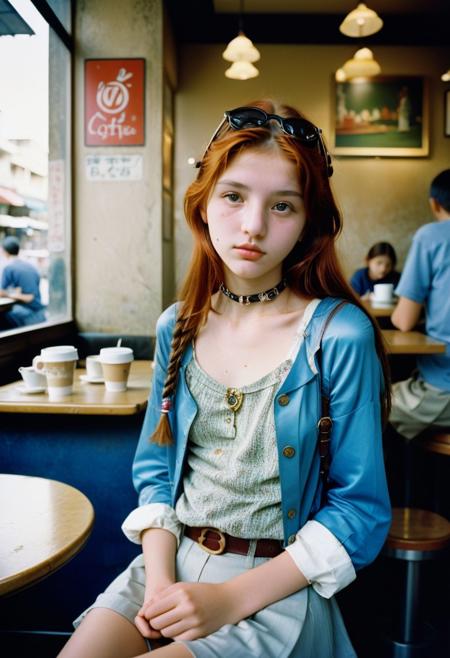 1girl 18yo, wearing fashionable clothing at a coffeeshop,
realistic photograph by Steve McCurry , Hasselblad 500C/M, Kodak Portra 400,