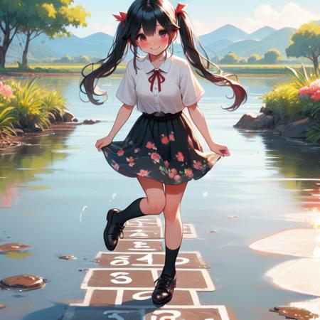 (((masterpiece))),  (((best quality))),  hopscotch,  hopping,  standing on rock in river,  numbers in white large grid,  red fluttering floral skirt,  black stocking,  leather shoes,  banyan,  countryside,  utility pole,  solo,  1girl,  big tits,  hot,  sweat,  ribbon,  twintail,  smile,  shy,  blush,<lora:EMS-276124-EMS:1.000000>