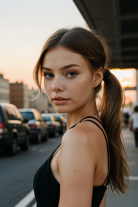 KristineFroseth, 1girl, (masterpiece, best quality, extremely detailed, perfect body, perfect face:1.2), modelshoot, pose, street photography, busy Manhattan street corner, serious look, sexy, black jumpsuit, spaghetti straps, ponytail, high heels, August, heat, sweat, sunset, golden hour, pastel sky, dusk,